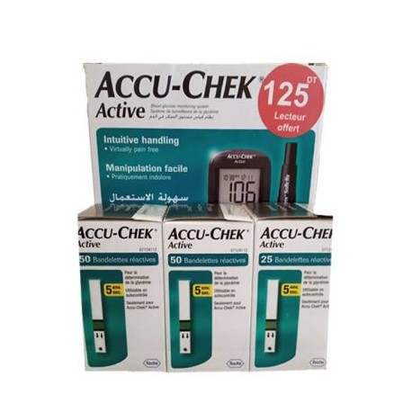 ACCU-CHEK Active Pack: 1 appareil + 125 bandelettes + 1 softclixAutopiqueur Accu-Chek SoftclixAccu-Chek Active Bandelettes